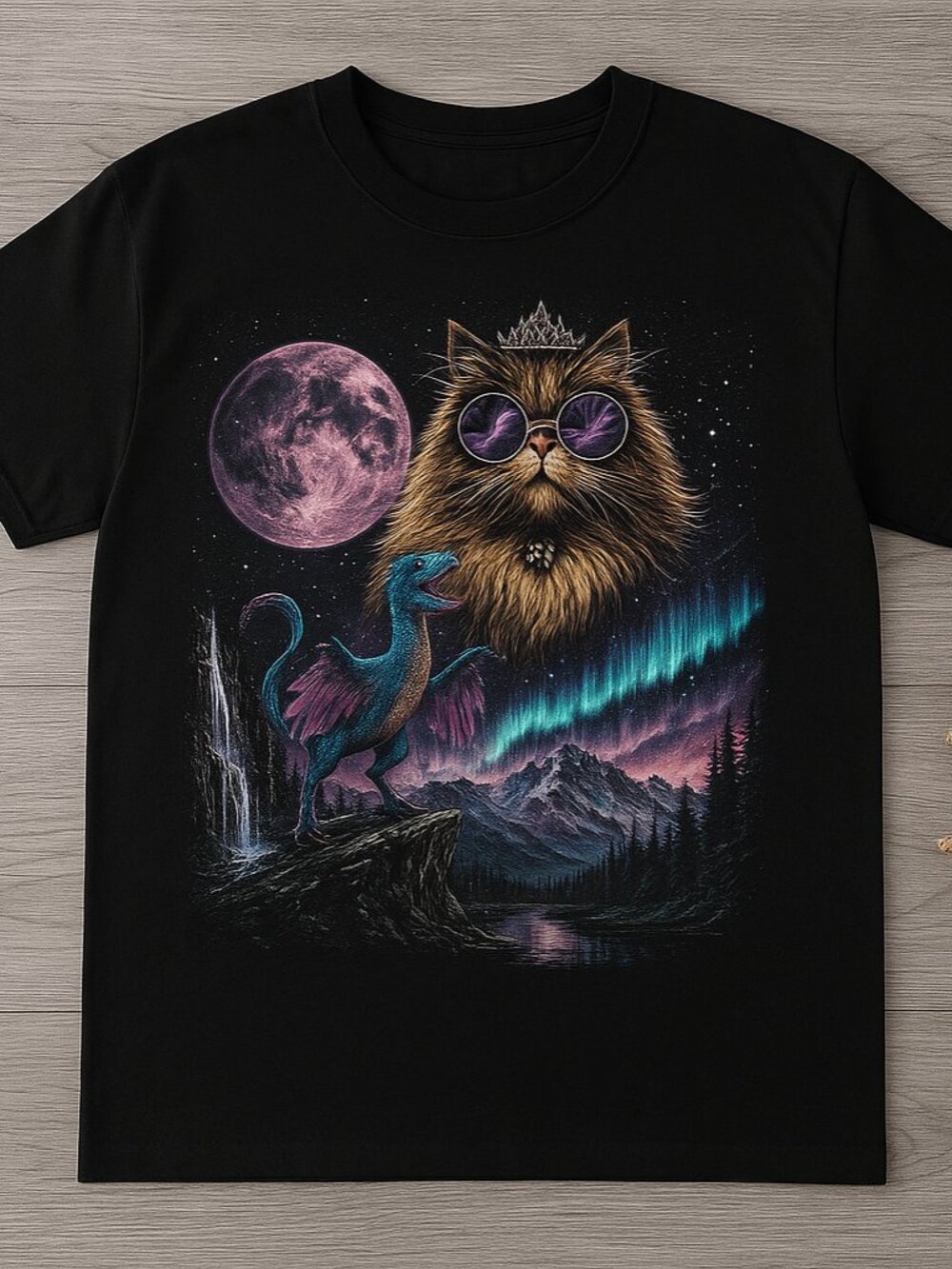 Fantasy Cat Dragon Galaxy Graphic Tee Bookish Vintage Black Shirt